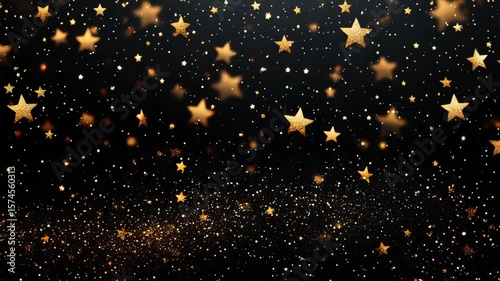 Celestial gold stars cascade in a mesmerizing display against a black night sky, offering a feeling of magic, wonder and joy.
