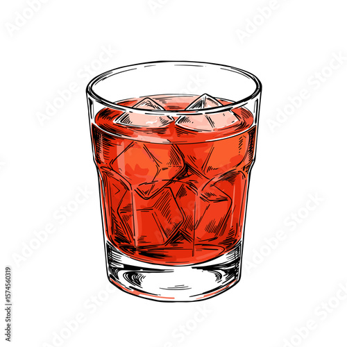 Negroni cocktail with ice in a lowball glass on a white background copy space