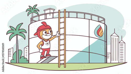 Oil and gas industry cartoon mascot climbing storage tank ladder for energy production inspection safety