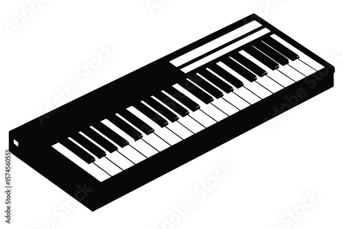 Simple black and white isometric illustration of a piano keyboard