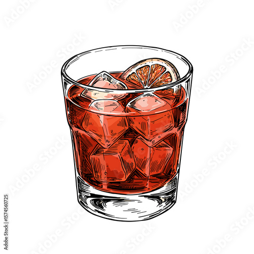 Negroni cocktail with ice and orange slice in a lowball glass on a white background copy space