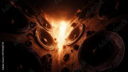 Striking lowangle photograph of gigantic speakers engulfed in flames conveying an electrifying ordeal amidst shadows perfect for themes of destruction and dynamic energy.