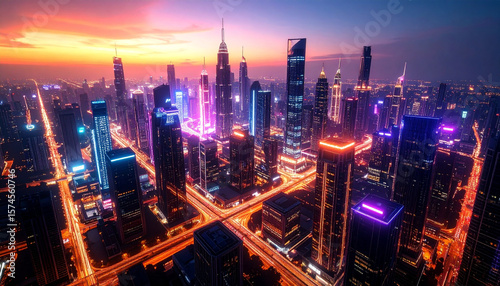 Wallpaper Mural Futuristic cityscape at sunset glowing neon lights aerial view cyberpunk tone vibrant urban skyline illuminated skyscraper highway Torontodigital.ca