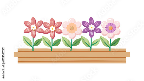 Beautiful flower garden illustration with colorful flowers in a wooden flower box vector design art asset