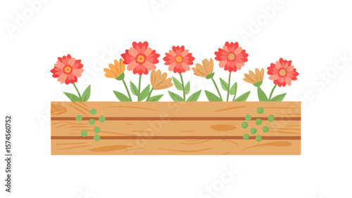 Flower box garden with blooming flowers vector illustration for spring and summer season decorative element