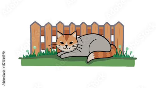 Cute cat cartoon illustration vector art of playful kitten in garden with picket fence background design