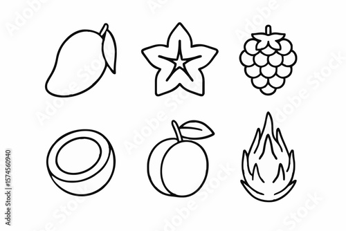 Set of minimalist line art icons showcasing mango, carambola, raspberry, coconut, peach, and dragon fruit. Ideal for healthy eating, organic recipes, and modern culinary design projects.