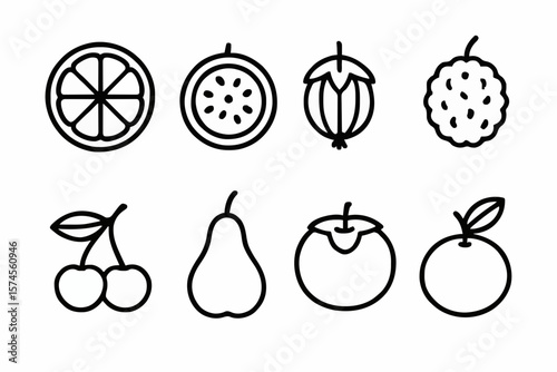 Set of minimalist line art icons featuring orange, kiwi, pomegranate, custard apple, cherries, pear, tomato, and tangerine. Perfect for healthy recipes, organic food designs, and modern culinary visua
