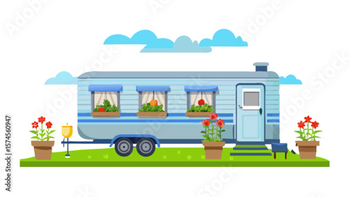 Illustration of a blue camping trailer with flower pots and clouds for travel and outdoor adventures