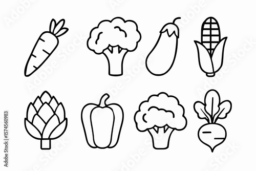 Collection of minimalist line art icons featuring carrot, broccoli, eggplant, corn, artichoke, bell pepper, and beetroot. Ideal for healthy eating designs, organic recipes, and modern culinary graphic