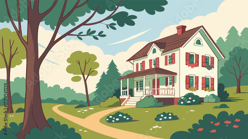 Beautiful suburban house with garden landscape vector illustration for real estate and home design projects
