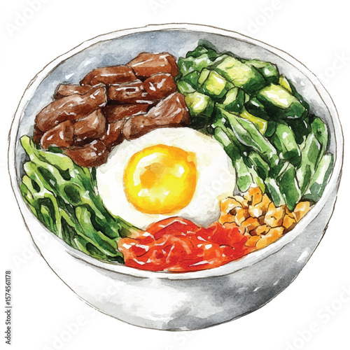 Watercolor Depiction of a Colorful Korean Bibimbap Dish with Fried Egg