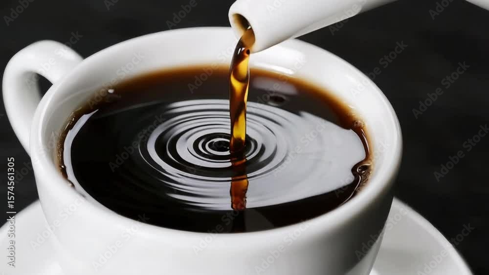 un chorro espeso de café oscuro y brillante vertiéndose en una taza