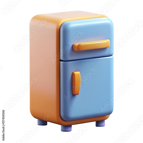 Cute 3d cartoon refrigerator with blue doors and orange accents on white background