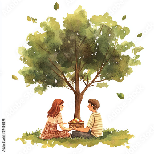 Watercolor depiction of a couple sharing a picnic basket under a tree