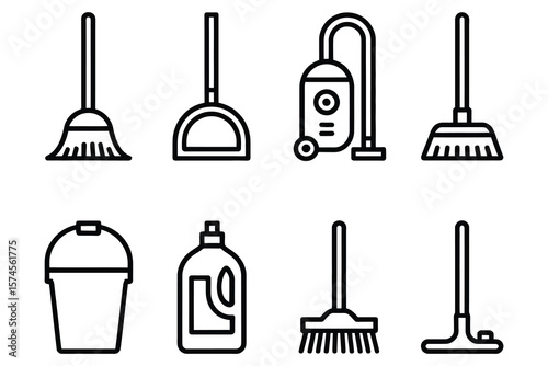 Cleaning tools and supplies icons broom dustpan
