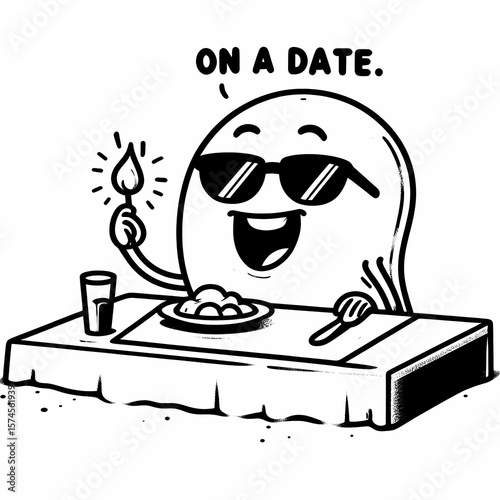 Cool Ghost on a Date with Candle, Sunglasses, and a Meal