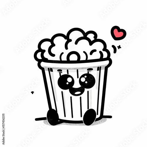 Cute Popcorn Cartoon Character with Heart Emoji, Black and White