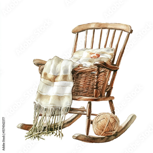 Watercolor depiction of a cozy rocking chair with blanket and yarn ball