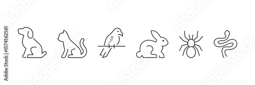 Domestic and exotic pet animal icon set with dog cat bird rabbit spider snake line style vector illustration outline.