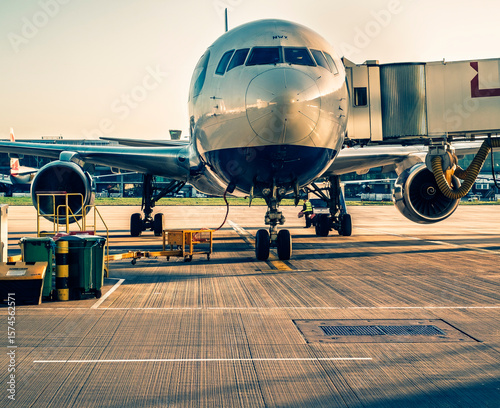 Front view of landed airplane on a terminal at Heathrow airport; UK. A Boeing 737, recognizable by its fuselage and wing design, parked on an airport apron: area for loading passenger and baggage