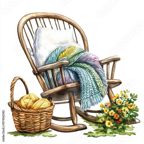 Watercolor depiction of a cozy rocking chair with a knitted blanket and yarn