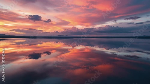 Serene reflection of vivid sunset clouds over calm water surface