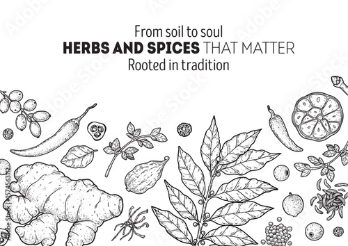 Classic black and white vector of spice elements drawn in an engraving style. Ideal for elegant culinary branding, organic product labels, and high-end restaurant identity.