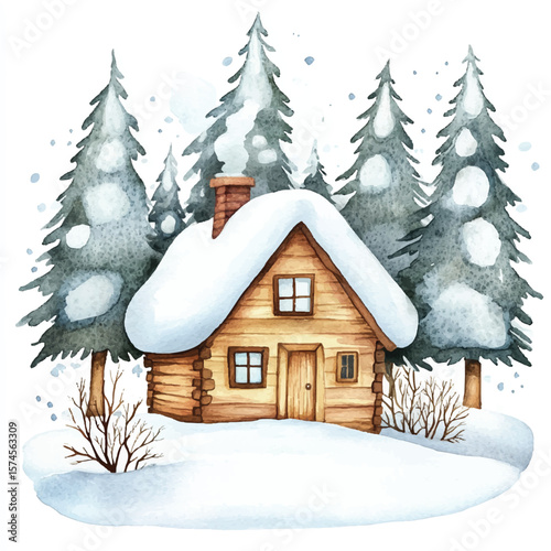 Watercolor depiction of a cozy snowcovered cabin nestled amongst wintery pine trees
