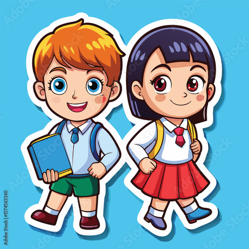 Two cartoon children in school uniform