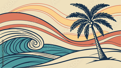 Palm tree beach hand sketch graphic print design for t shirt print, poster, sticker, background and other uses. Abstract modern painting artwork. Ocean wave design