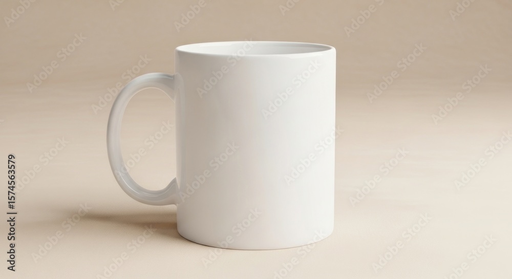 Fototapeta premium A plain white ceramic mug sits on a neutral background, ready for customization or design.