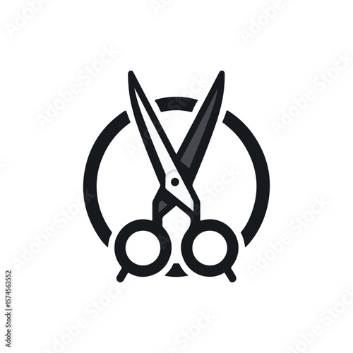 A pair of scissors is illustrated in a circular design, symbolizing precision in cutting