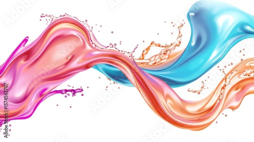 Fluid motion abstract with colorful streams of liquid in motion forming dynamic shapes against a white canvas