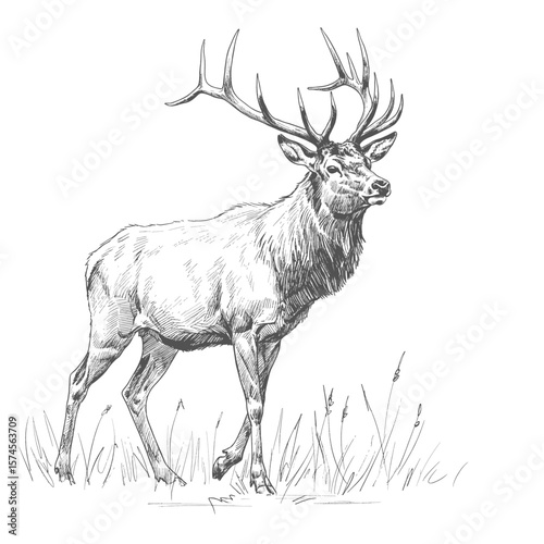  Elk – Cervus canadensis. A hand-sketched deer figure with large antlers standing on a grassy field. The illustration captures texture and shading on a white background, representing forest wildlife