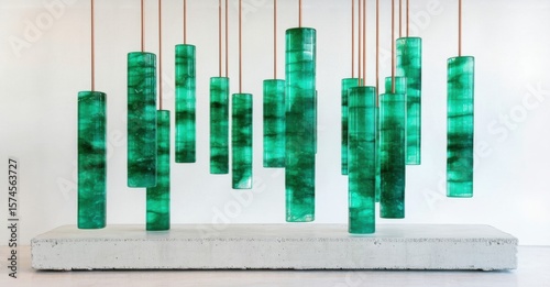 Green glass cylinders hang from rods atop concrete base. Modern sculpture exhibits color, texture, form, light interplay. Minimalist design.