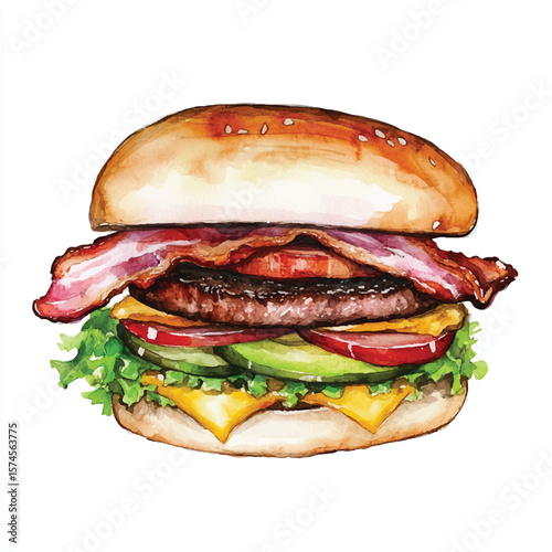 Watercolor depiction of a delicious bacon cheeseburger with fresh ingredients (1)