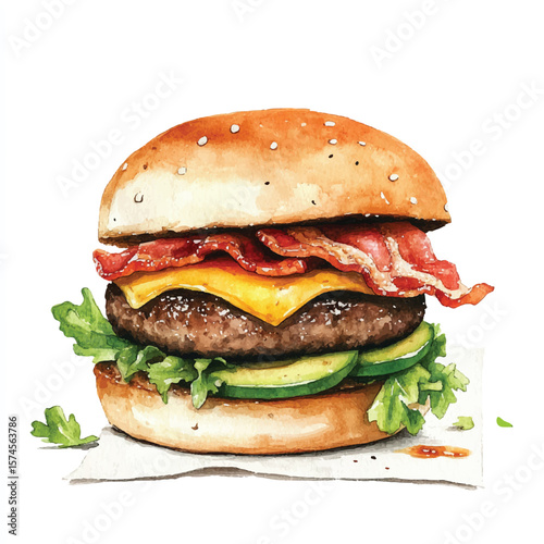 Watercolor depiction of a delicious bacon cheeseburger with fresh avocado slices
