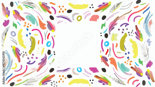 Colorful frame of abstract shapes and brushstrokes with a white center for text or images here now