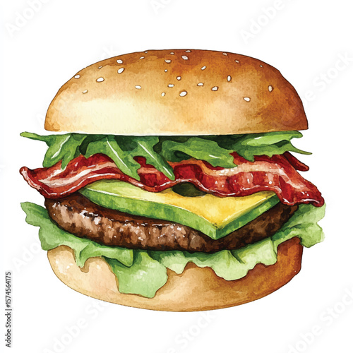 Watercolor depiction of a delicious burger with bacon cheese and fresh greens