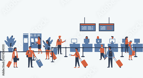 Airport Scene with Passengers and Staff in Flat Vector Illustration.