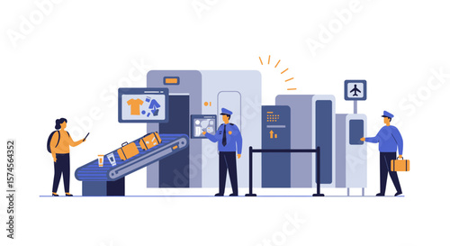 Airport Security Checkpoint with Luggage Scanner and Security Personnel.