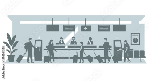 Airport CheckIn Scene with Passengers and Staff in Gray Silhouette Style.