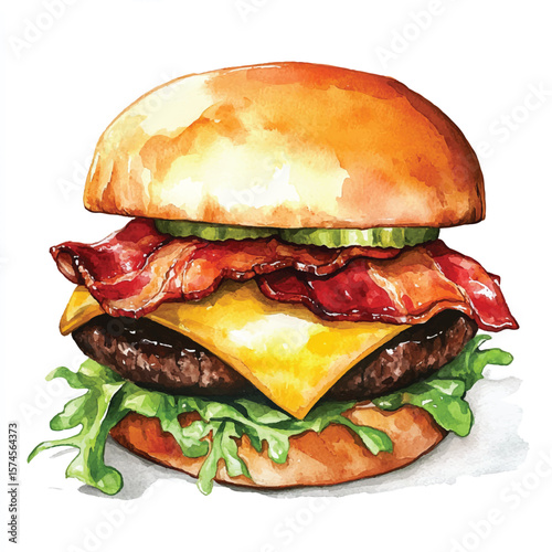 Watercolor depiction of a delicious bacon cheeseburger with fresh ingredients