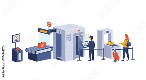 Airport Security Checkpoint with Luggage Scanner and Passengers Illustration.