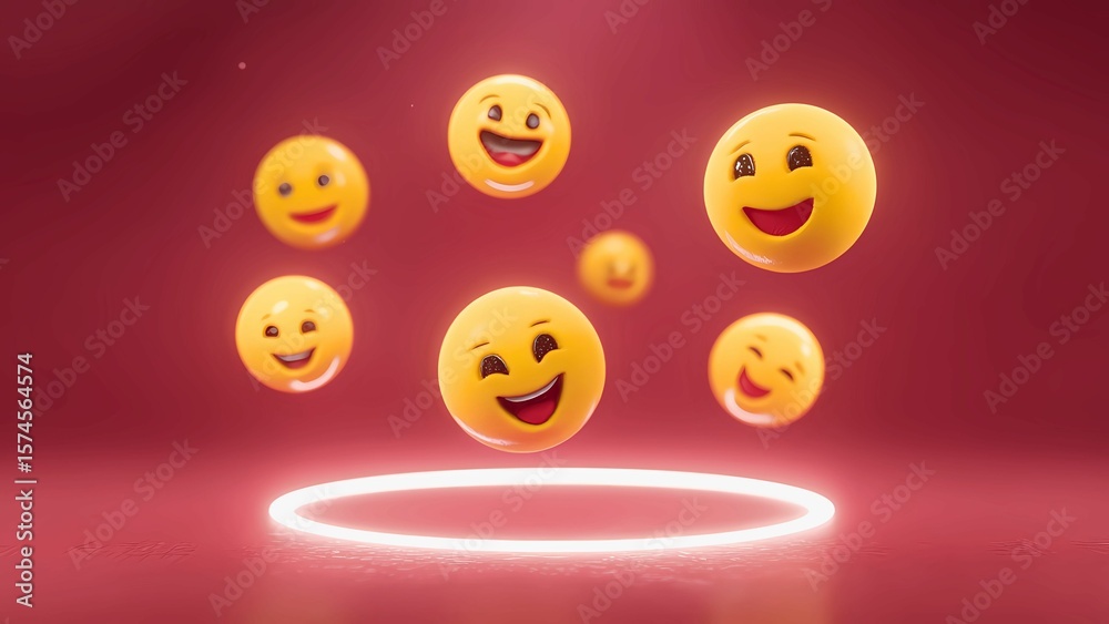 Fototapeta premium A lively collection of seven yellow emoticons hover above a glowing white circle, radiating positivity and cheerfulness.