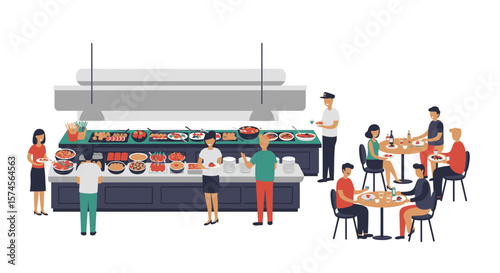 Buffet Restaurant Scene with People Serving Themselves and Dining at Tables.