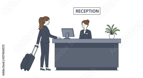 Businesswoman checking in at hotel reception with rolling suitcase wearing suit.