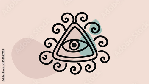 Eye of providence symbol inside a triangle with decorative swirls on a light background design element