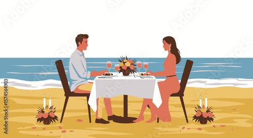 Couple enjoying a romantic dinner at a table on the beach with candles.